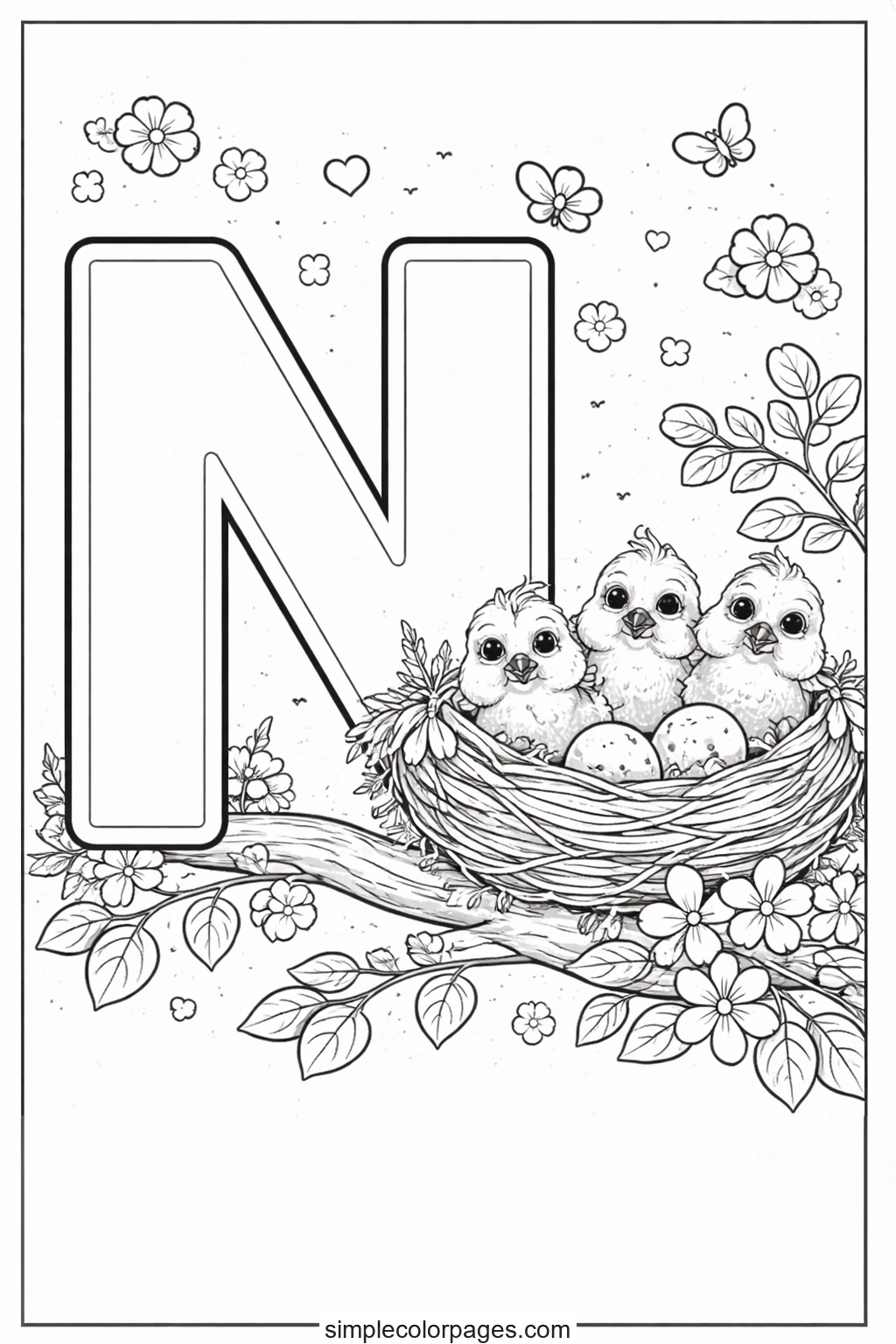 Letter N and Nest Coloring Page | Alphabet Coloring Pages