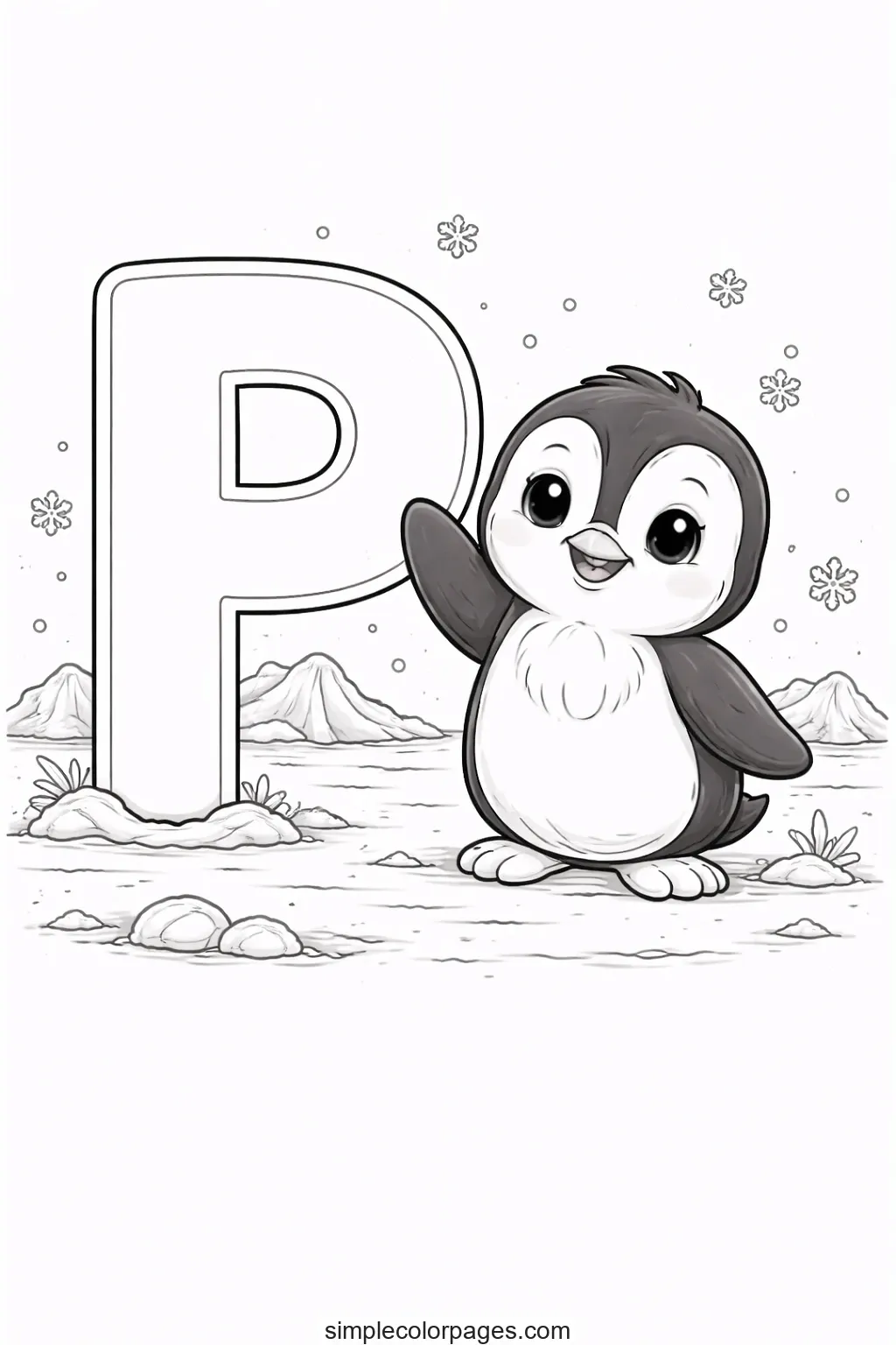 Letter P with Penguin Coloring Page