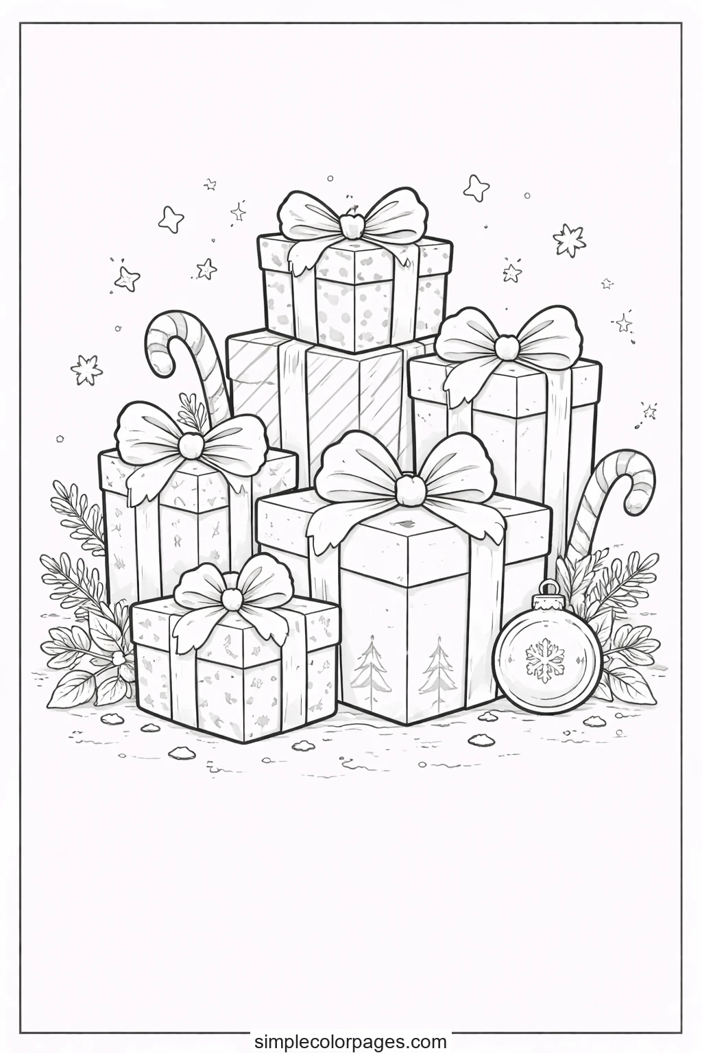 Six ribboned parcels stacked in a pile, two candy canes, a snowflake bauble and sprigs of greenery tucked around them