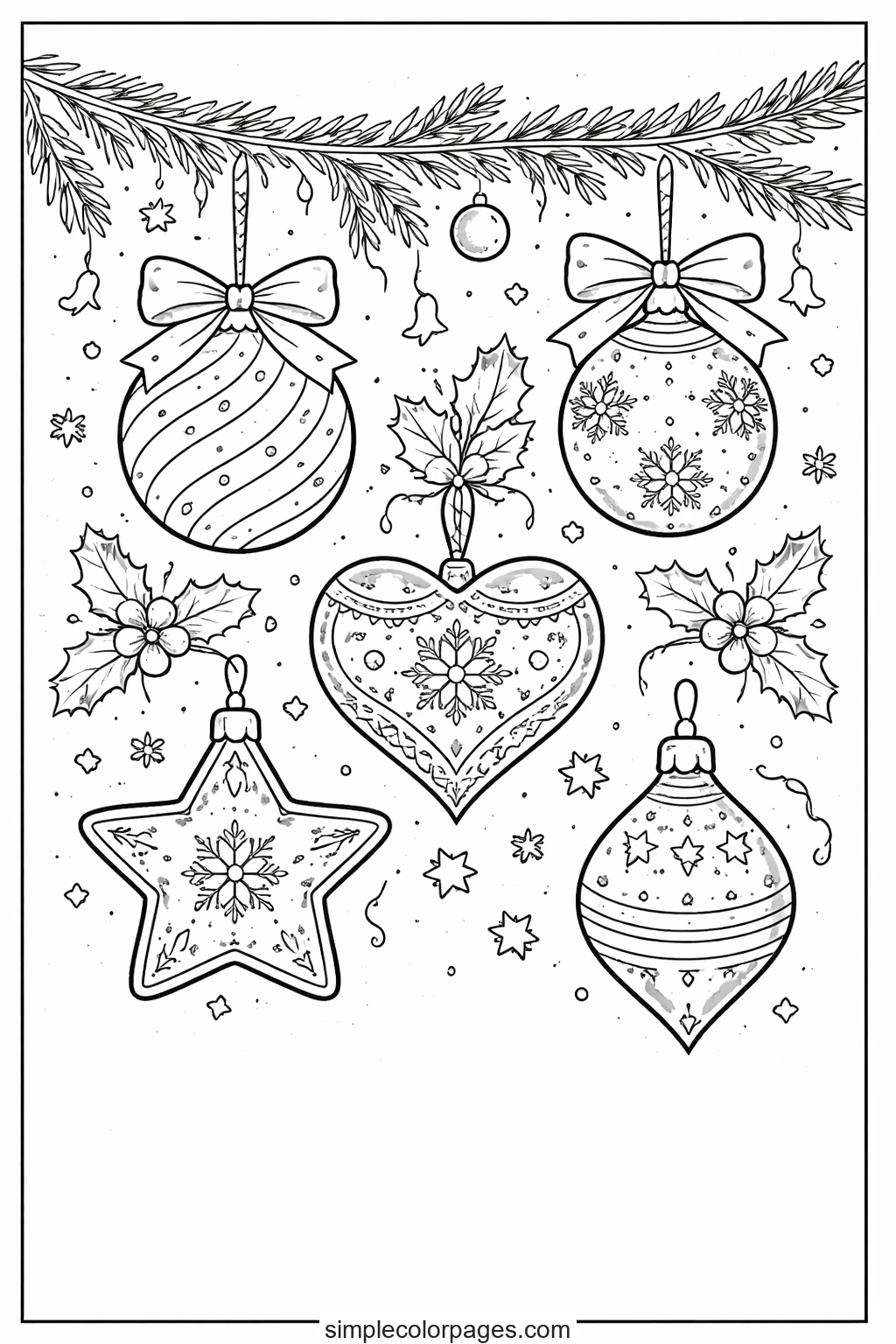 Ornaments strung from a pine bough — two round, a heart, a star and a teardrop — with holly sprigs hung between them