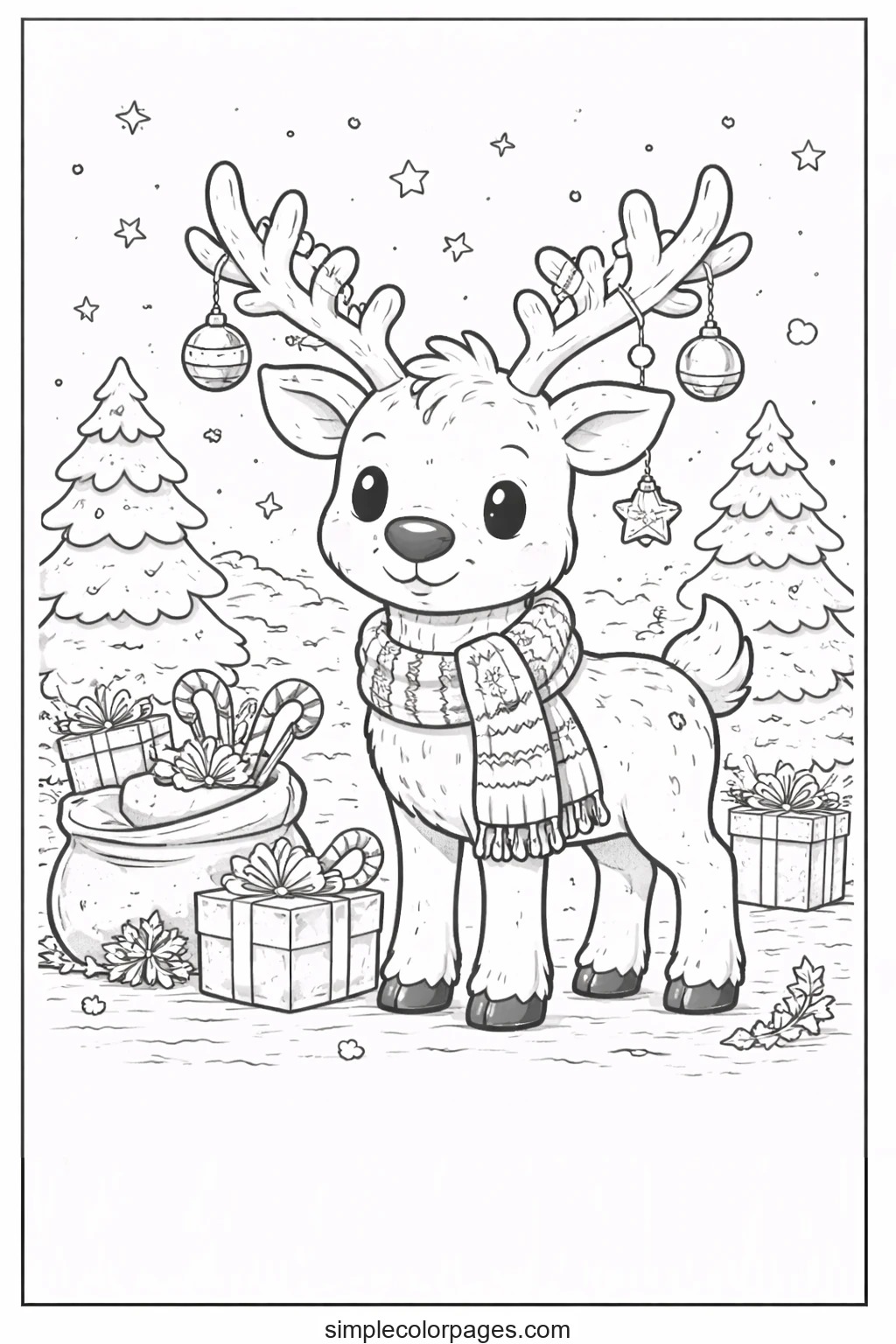 Front-facing reindeer in a knitted scarf, baubles and a star hanging from its antlers, a sack of gifts at its side