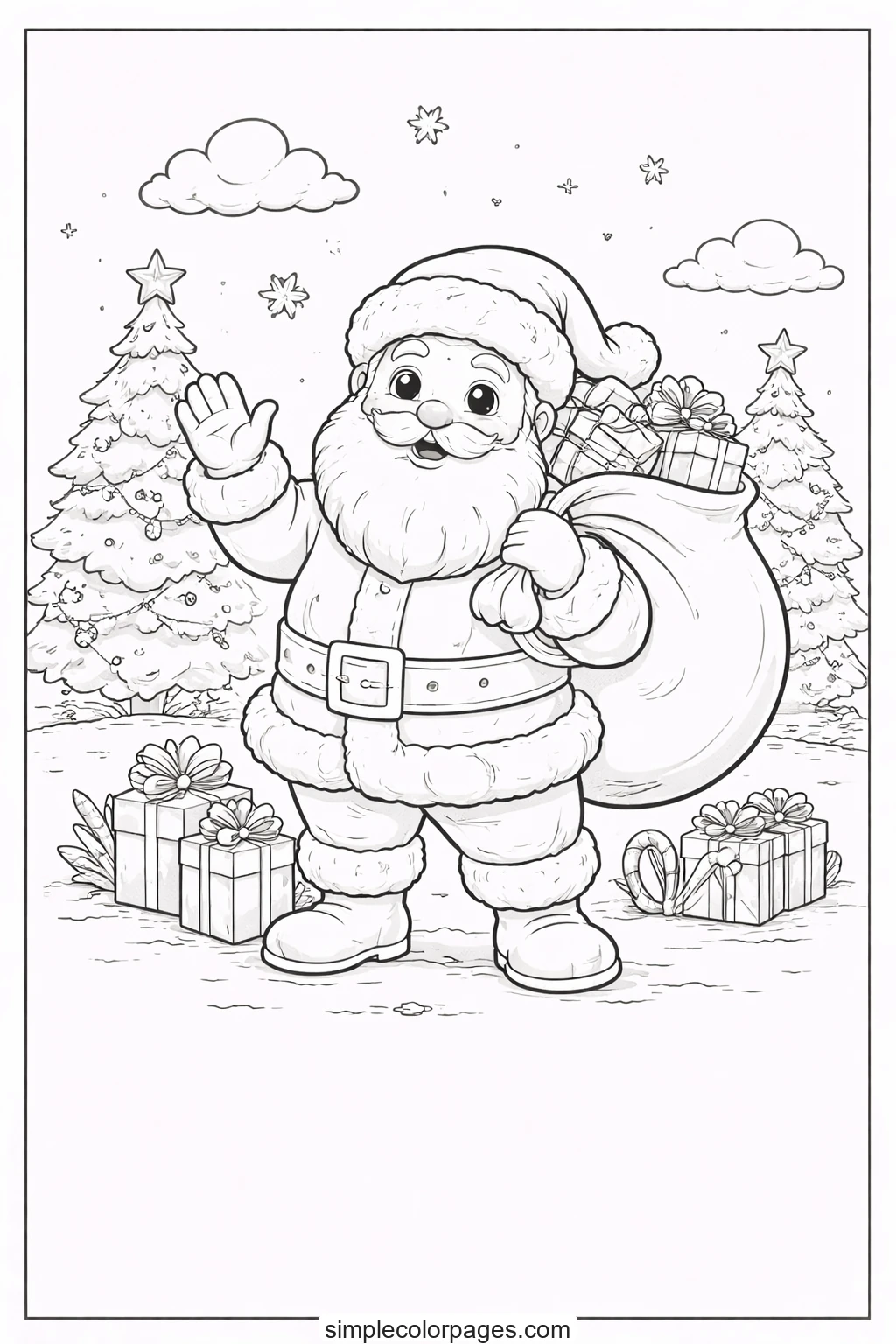Santa waving with a sack of parcels over one shoulder, buckled belt and boots below, two trimmed trees behind him