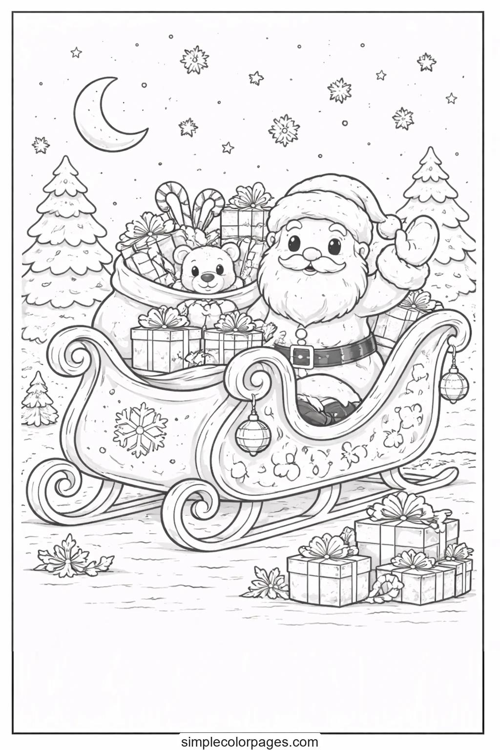 Santa waving from a scroll-sided sleigh loaded with a teddy bear, parcels and candy canes, a crescent moon above