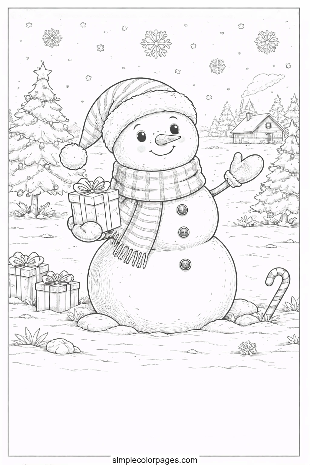 Snowman in a pom-pom hat and plaid scarf holding out a small parcel, carrot nose and mittens, a cottage behind him