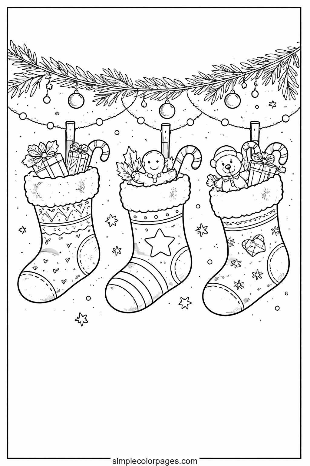 Three pegged stockings on a beaded string, spilling parcels, candy canes, a gingerbread man and a teddy bear