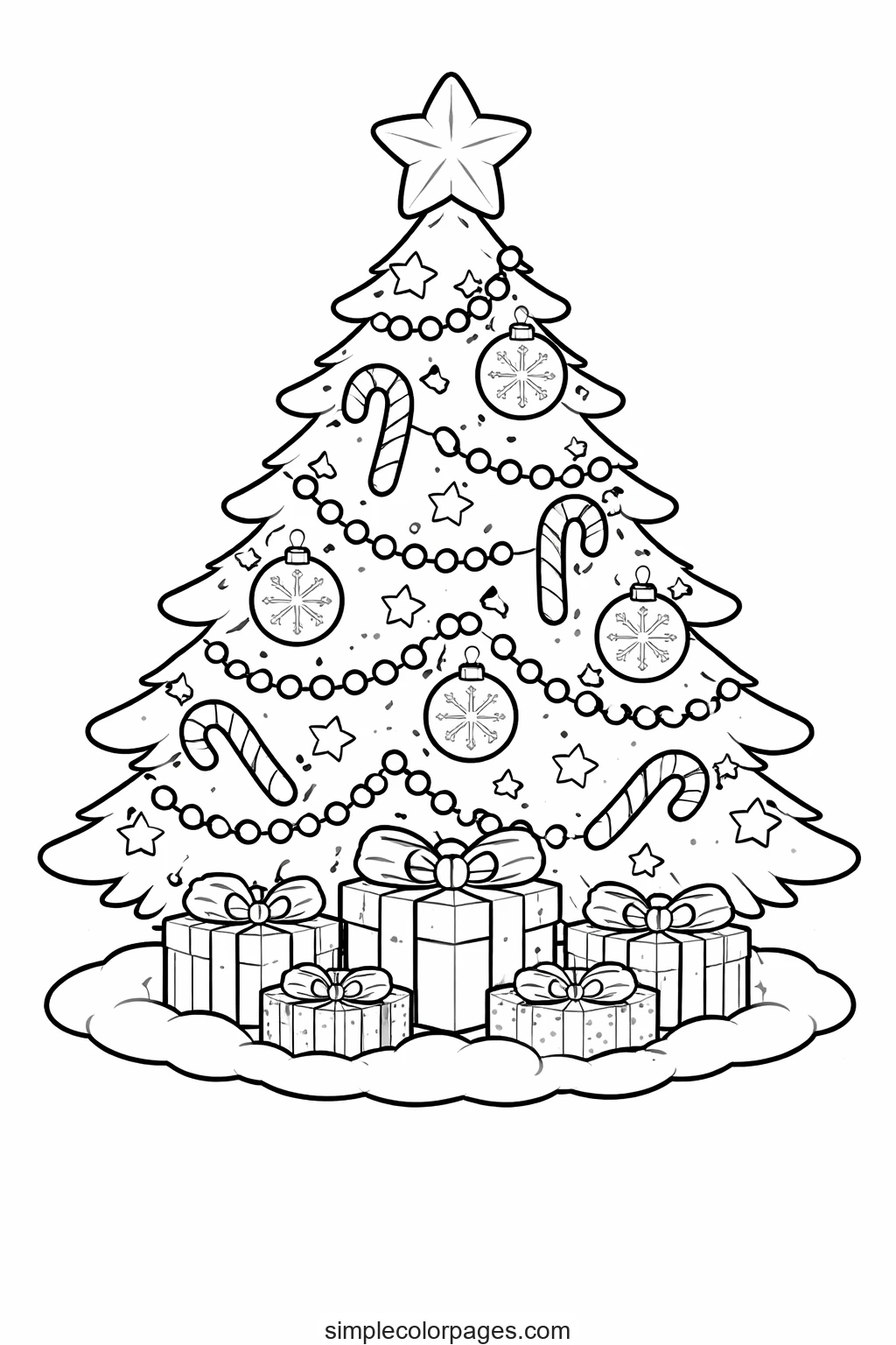 Fir tree topped with a star, hung with bead garlands, snowflake baubles and candy canes, parcels piled on the snow below