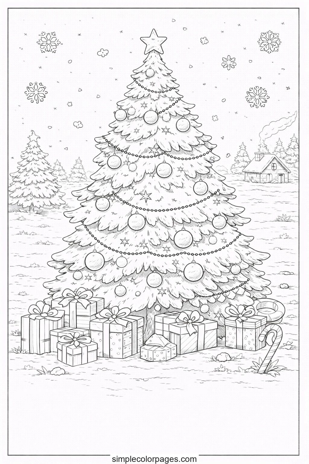 Snow-covered fir in an open field with parcels heaped at its base, a cottage and its smoking chimney in the distance