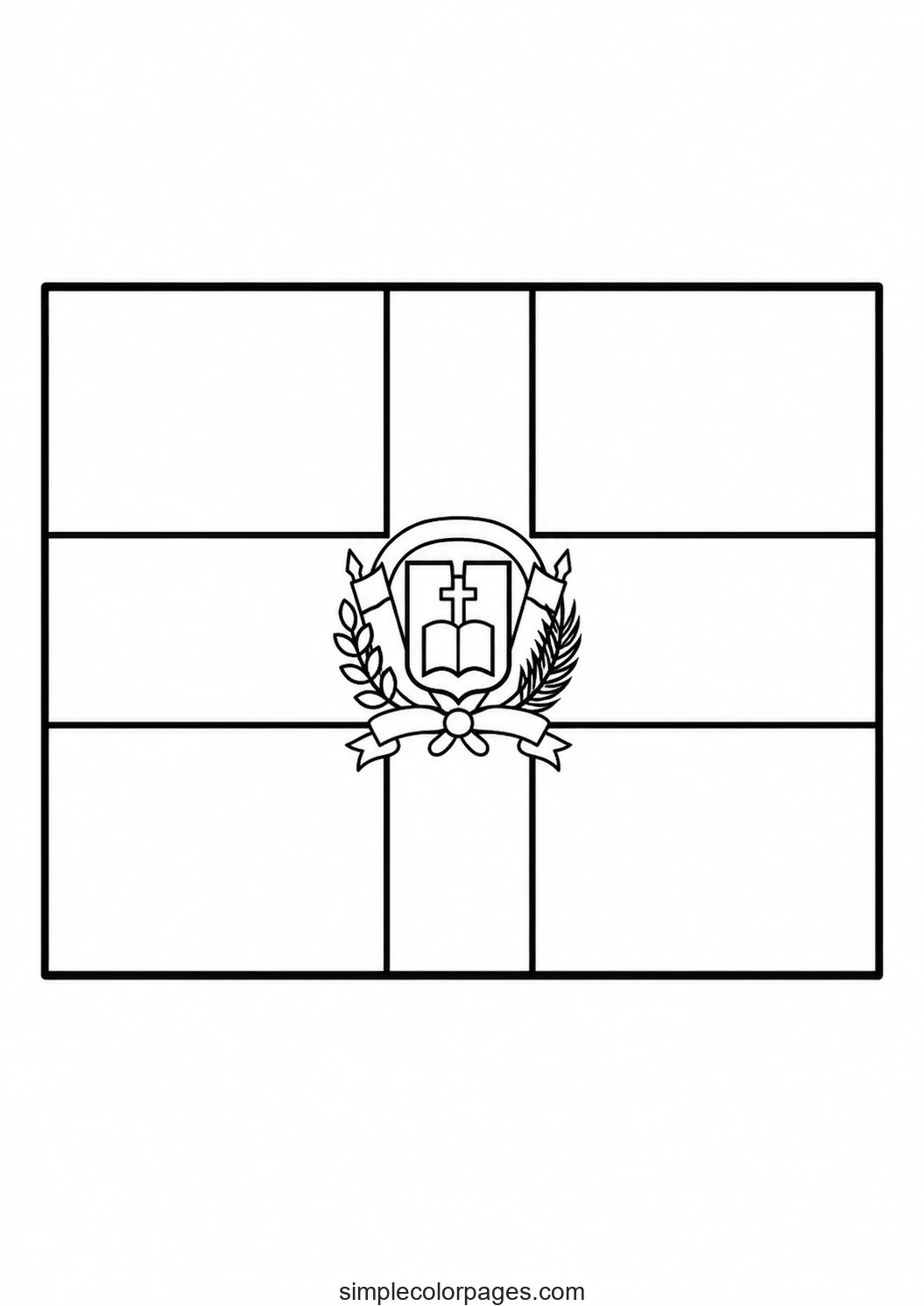 Four rectangular quarters split by a cross that runs edge to edge, a small shield emblem centred where the arms meet