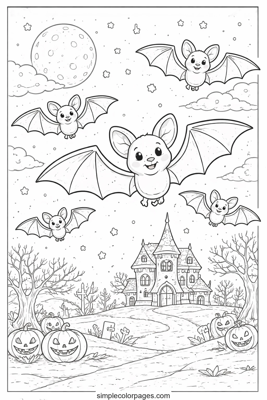 Five round-eared bats gliding past a cratered full moon above a spired house, jack-o’-lanterns lining the path below