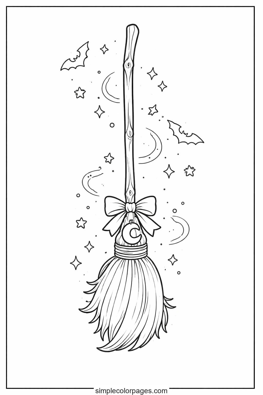 Upright besom broom with a bow tied above the bristles, surrounded by stars, crescents and two small bats