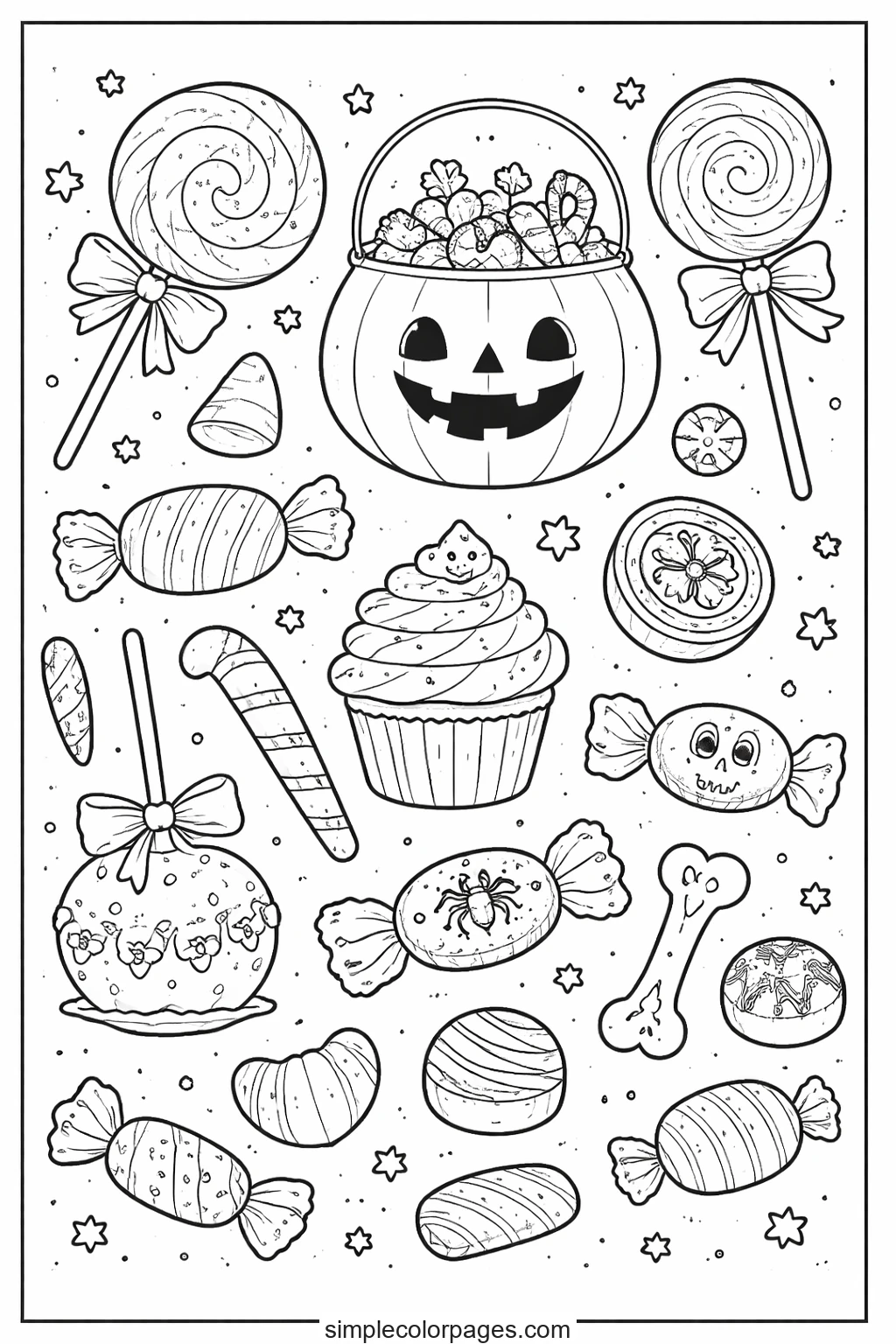 Trick-or-treat haul filling the page: a pumpkin pail, swirl lollipops, candy corn, a cupcake, a toffee apple and a bone