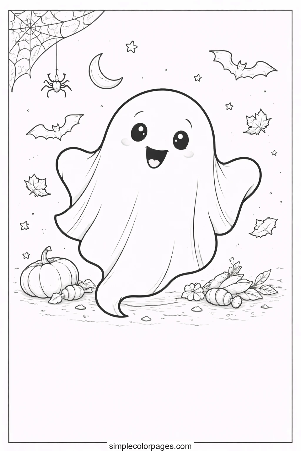 Wide-eyed ghost drifting with both arms held out, a pumpkin and scattered sweets below, a spider hanging from its web