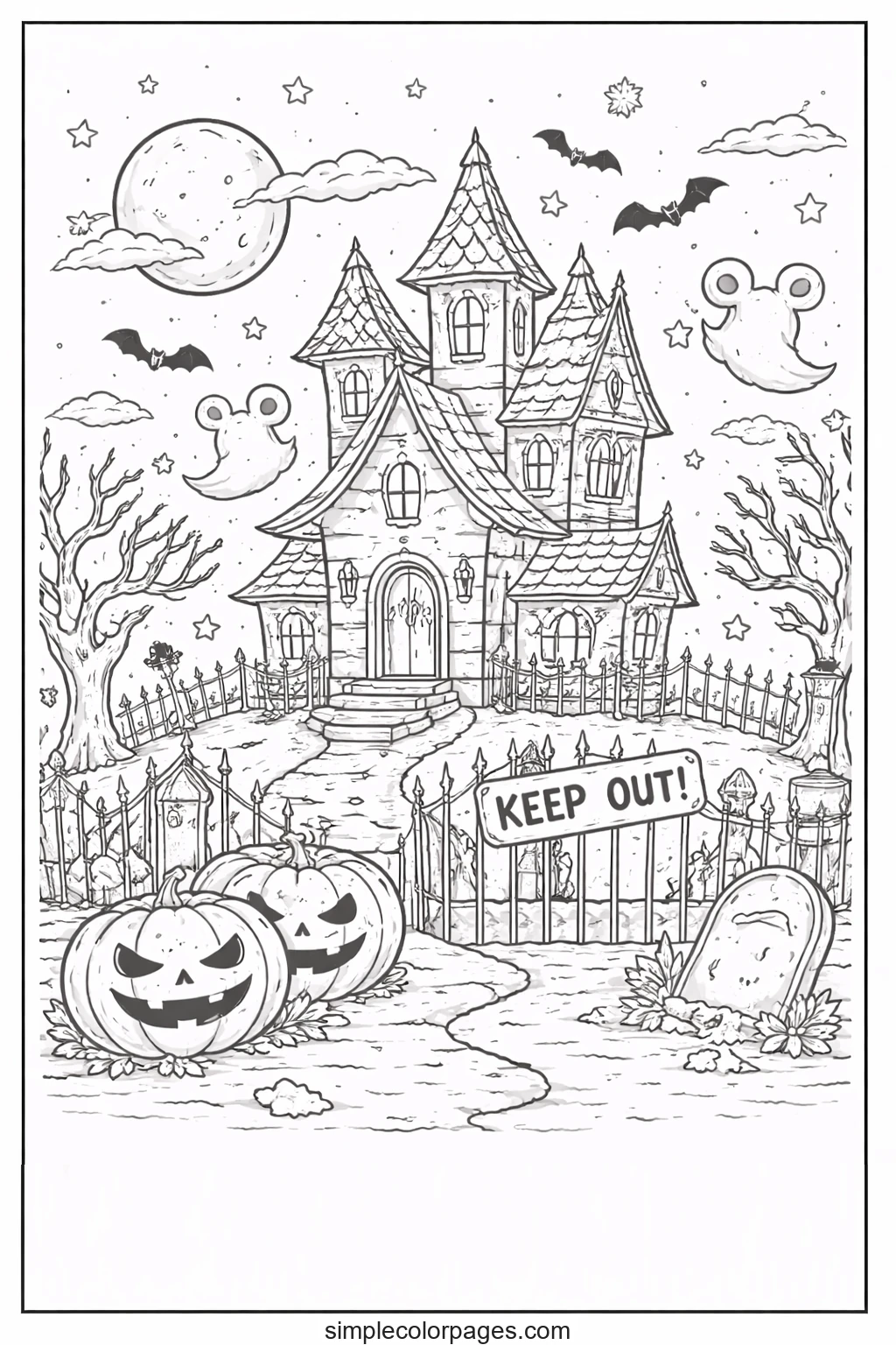 Turreted mansion behind an iron fence and a KEEP OUT sign, two jack-o’-lanterns and a leaning gravestone in the yard