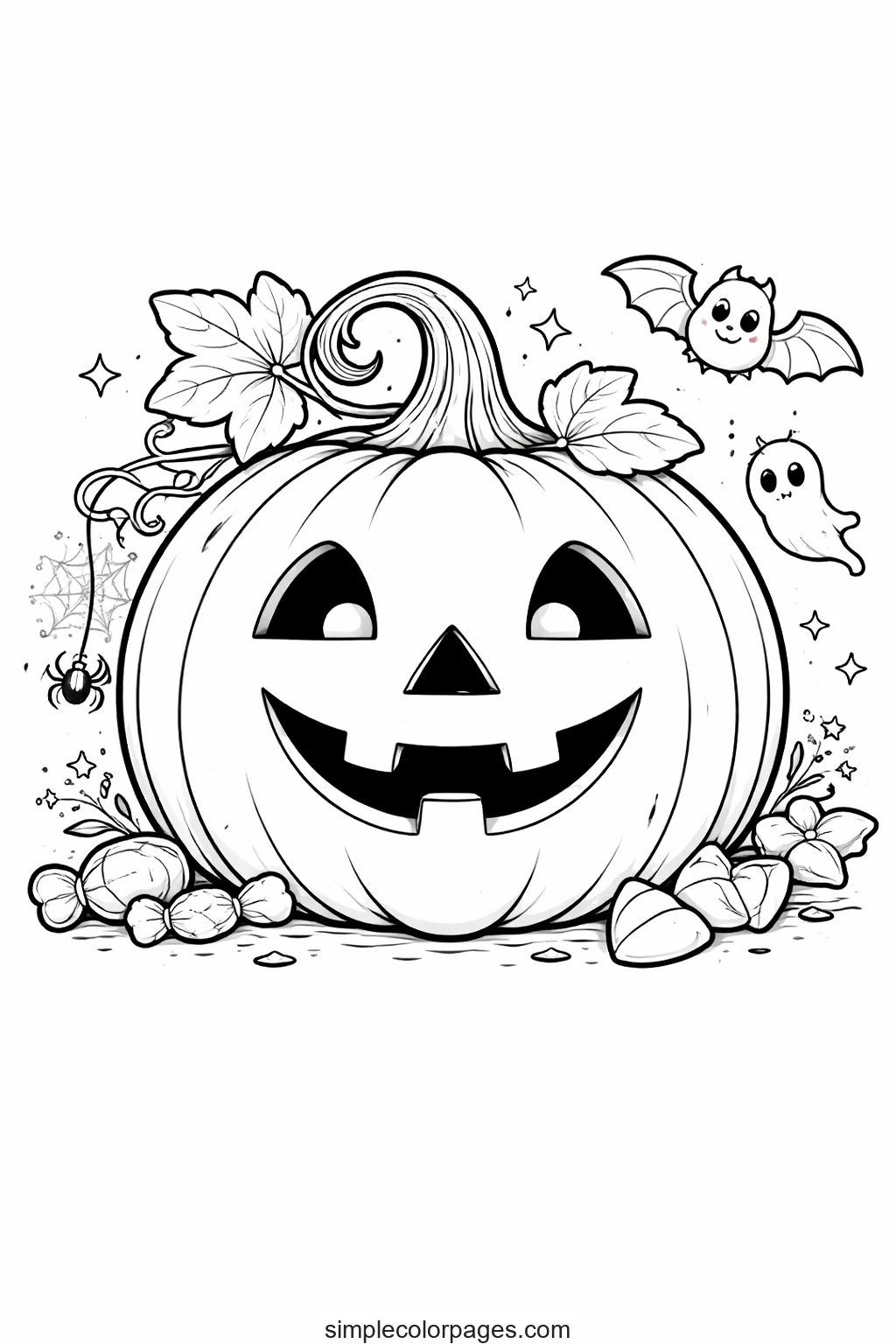 Carved pumpkin with a toothy grin and a curling stem, ringed by candy corn, a dangling spider, a small bat and a ghost