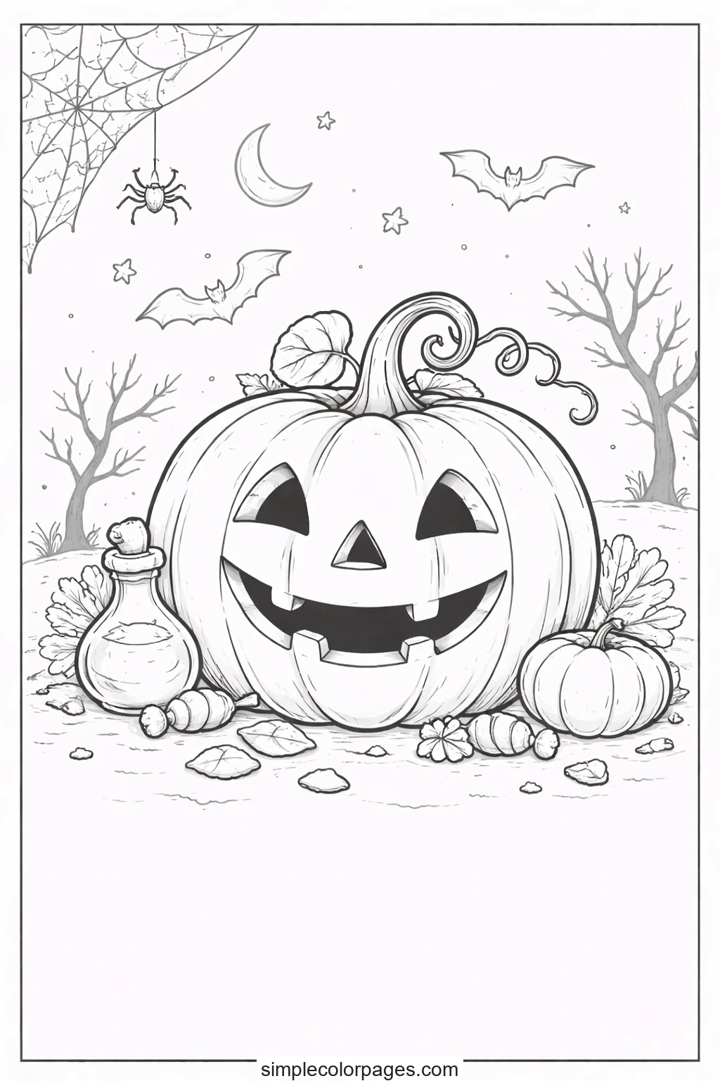 Grinning jack-o’-lantern sitting among fallen leaves and sweets, a potion bottle at its side and a crescent moon overhead