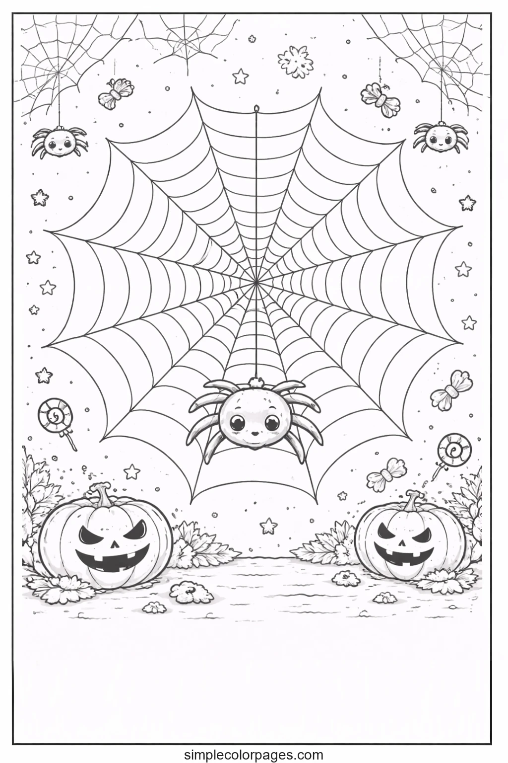 Smiling spider dangling on a thread beneath a large web, two jack-o’-lanterns and swirled lollipops flanking it