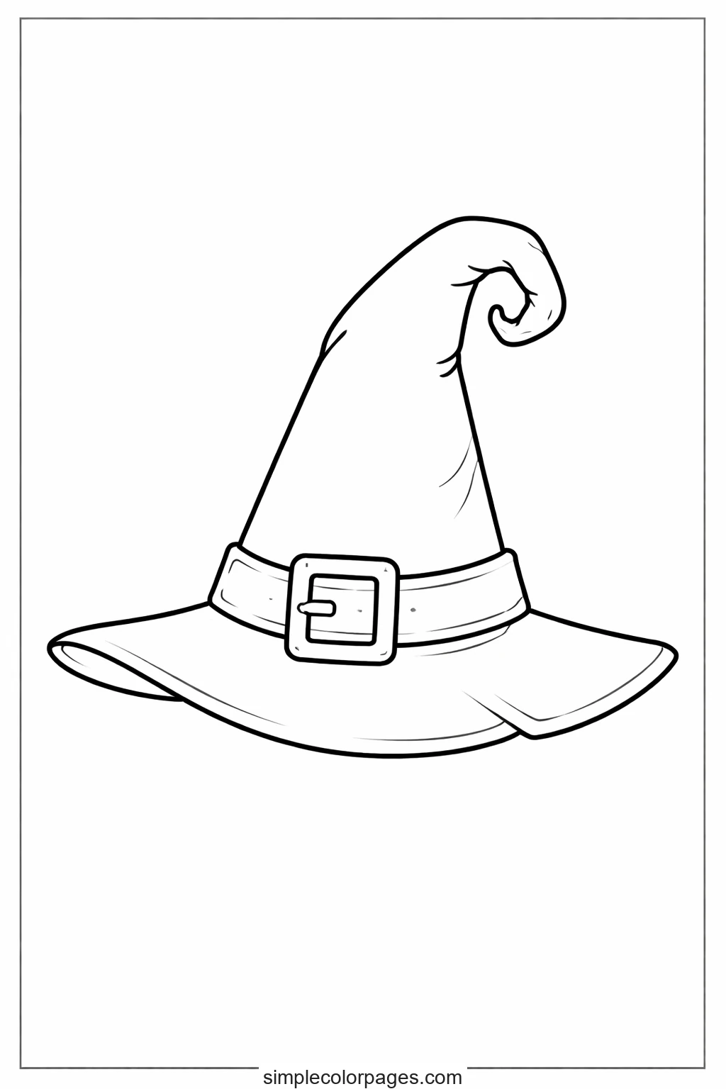 Pointed witch hat with a drooping curled tip, a broad brim and a square buckle on its band, drawn on a bare background