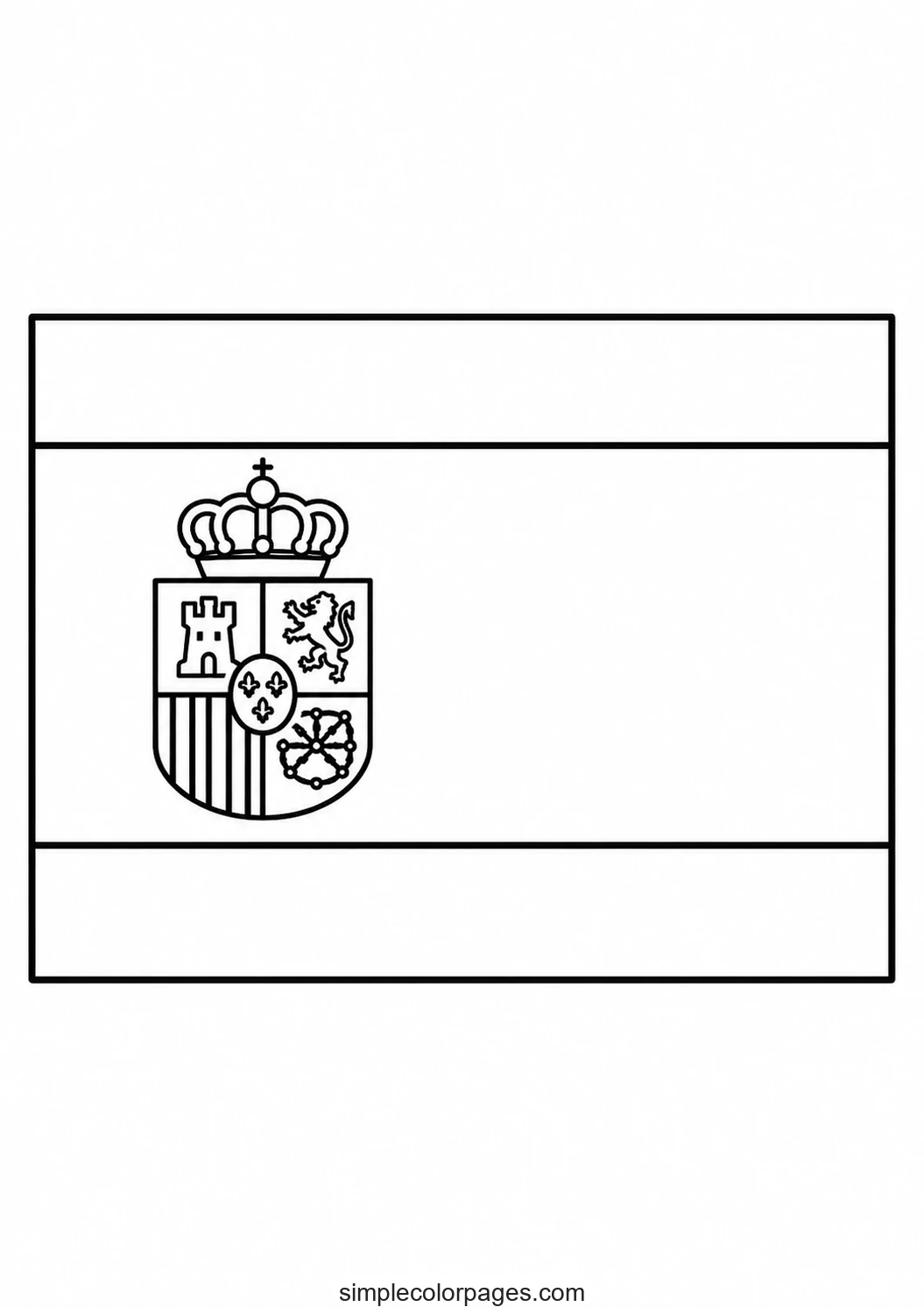 Wide middle band twice the height of the outer bands, a multi-section coat of arms set on the middle band just left of centre