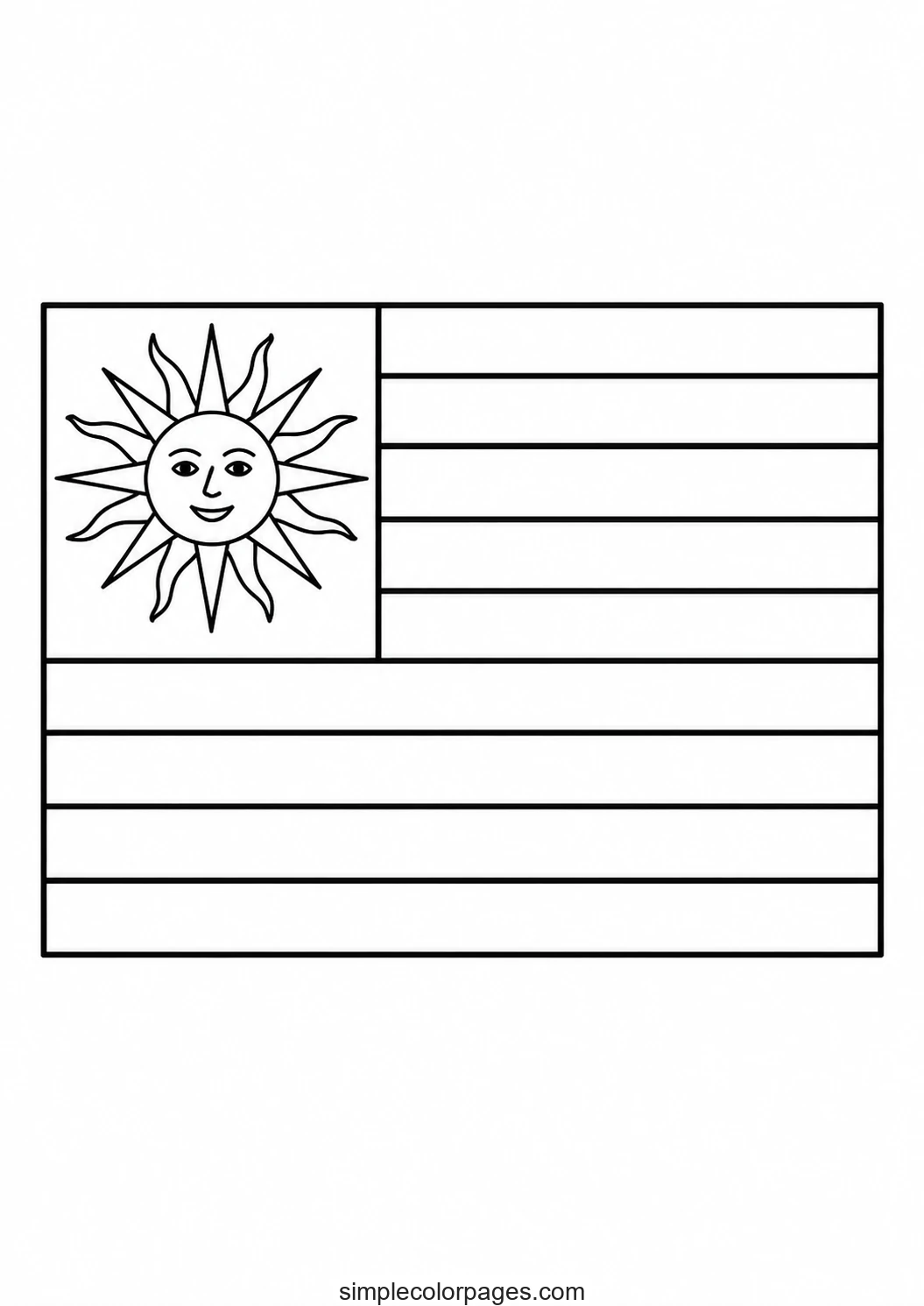 Nine horizontal stripes of equal height with a sun face in a square canton at the upper hoist corner